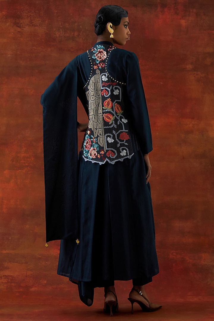 Indigo Silk Chanderi Angrakha-Style Jacket Set by Jajaabor at Pernia's Pop Up Shop