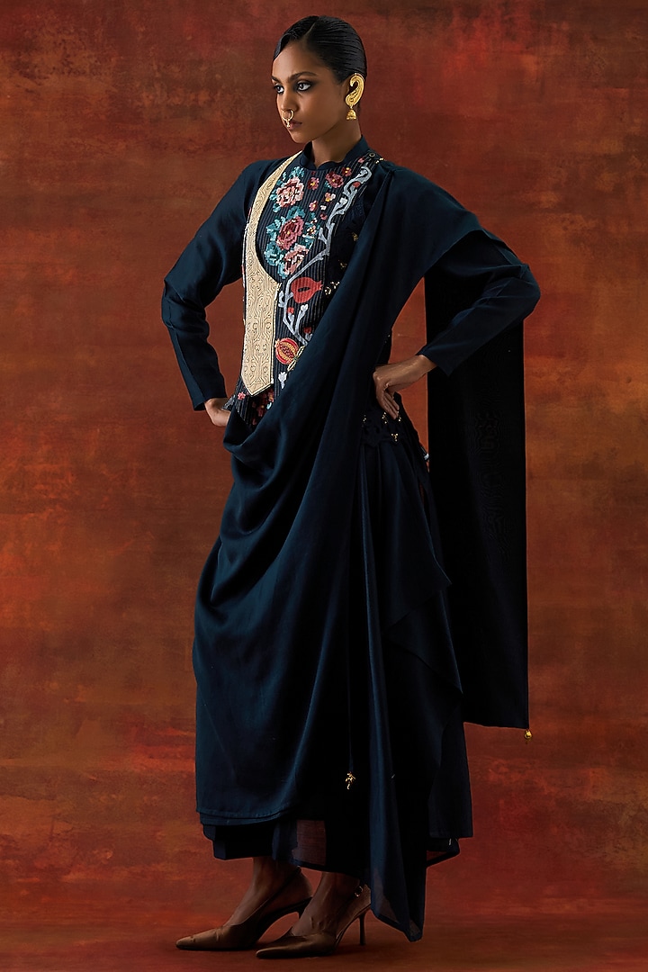 Indigo Silk Chanderi Angrakha-Style Jacket Set by Jajaabor at Pernia's Pop Up Shop