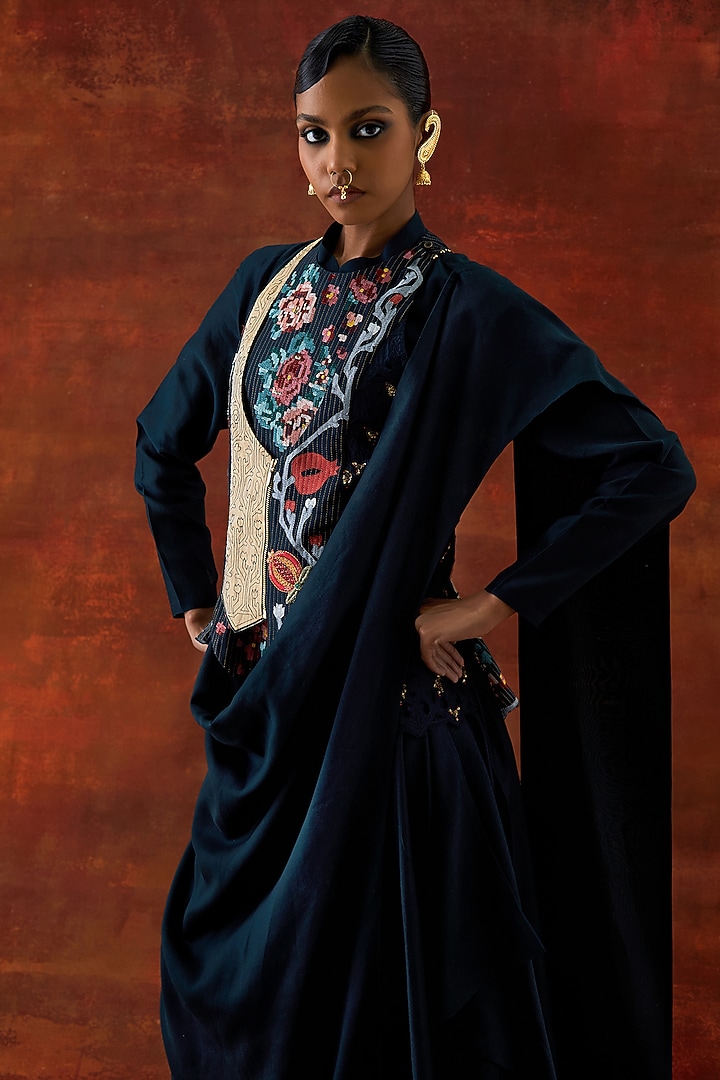 Indigo Silk Chanderi Angrakha-Style Jacket Set by Jajaabor at Pernia's Pop Up Shop