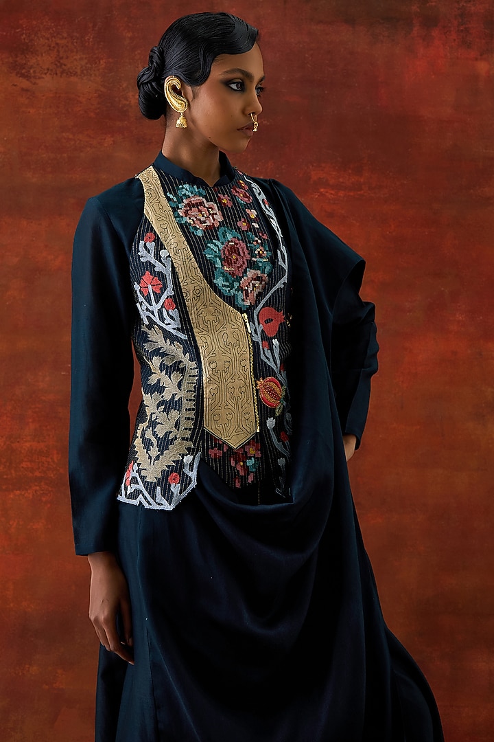 Indigo Silk Chanderi Angrakha-Style Jacket Set by Jajaabor at Pernia's Pop Up Shop