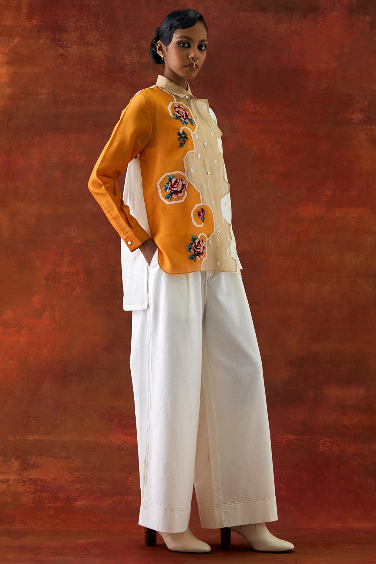Jajaabor Ivory & Yellow Silk Chanderi Embroidered Co-Ord Set
