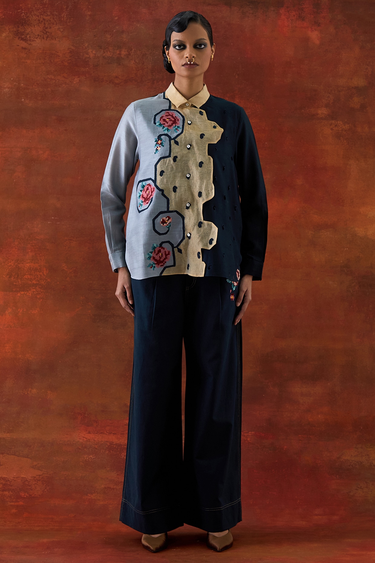 Jajaabor Grey & Indigo Silk Chanderi Embroidered Co-Ord Set