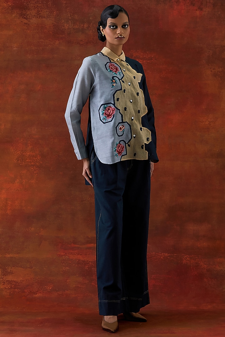 Grey & Indigo Silk Chanderi Embroidered Co-Ord Set by Jajaabor at Pernia's Pop Up Shop