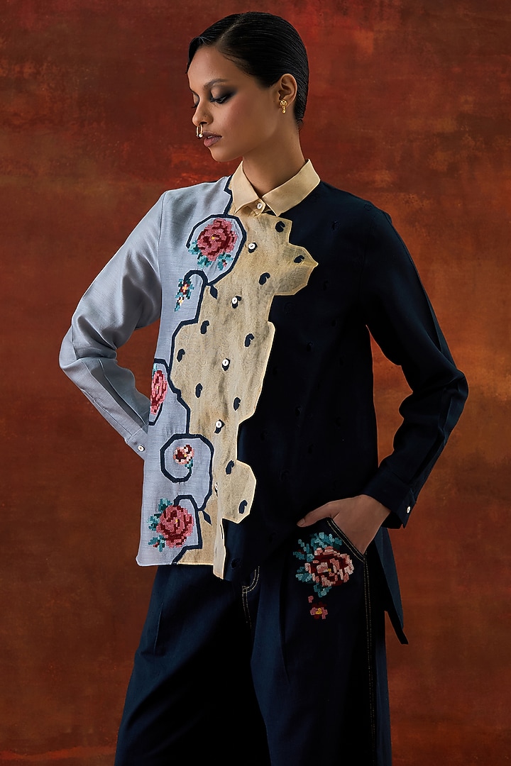 Grey & Indigo Silk Chanderi Embroidered Co-Ord Set by Jajaabor at Pernia's Pop Up Shop