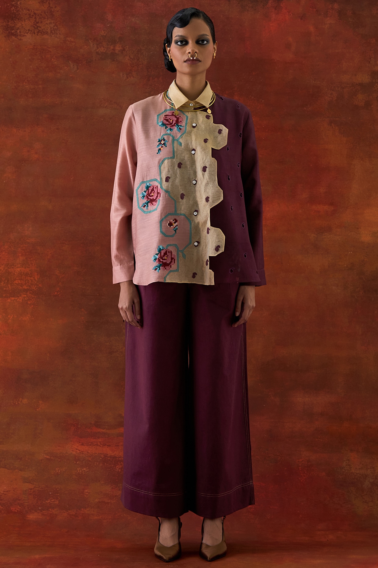 Jajaabor Old Rose Pink & Wine Silk Chanderi Embroidered Co-Ord Set