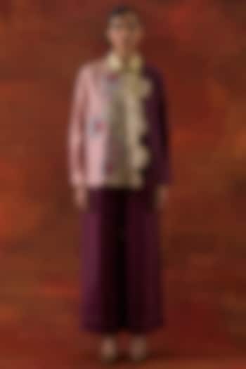 Old Rose Pink & Wine Silk Chanderi Embroidered Co-Ord Set by Jajaabor at Pernia's Pop Up Shop