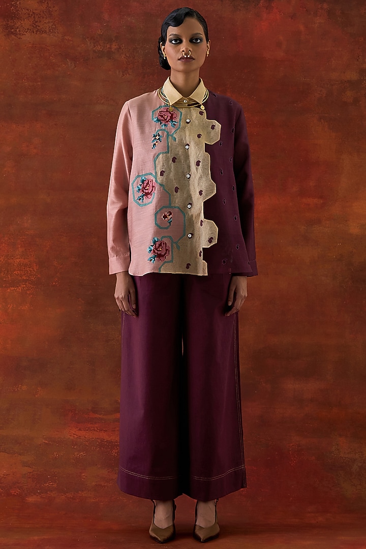 Old Rose Pink & Wine Silk Chanderi Embroidered Co-Ord Set by Jajaabor at Pernia's Pop Up Shop