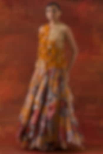 Yellow Silk Chanderi Printed Draped Skirt Set by Jajaabor at Pernia's Pop Up Shop