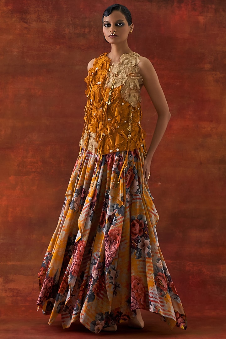 Yellow Silk Chanderi Printed Draped Skirt Set by Jajaabor at Pernia's Pop Up Shop