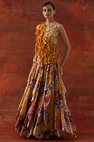 Yellow Silk Chanderi Printed Draped Skirt Set by Jajaabor