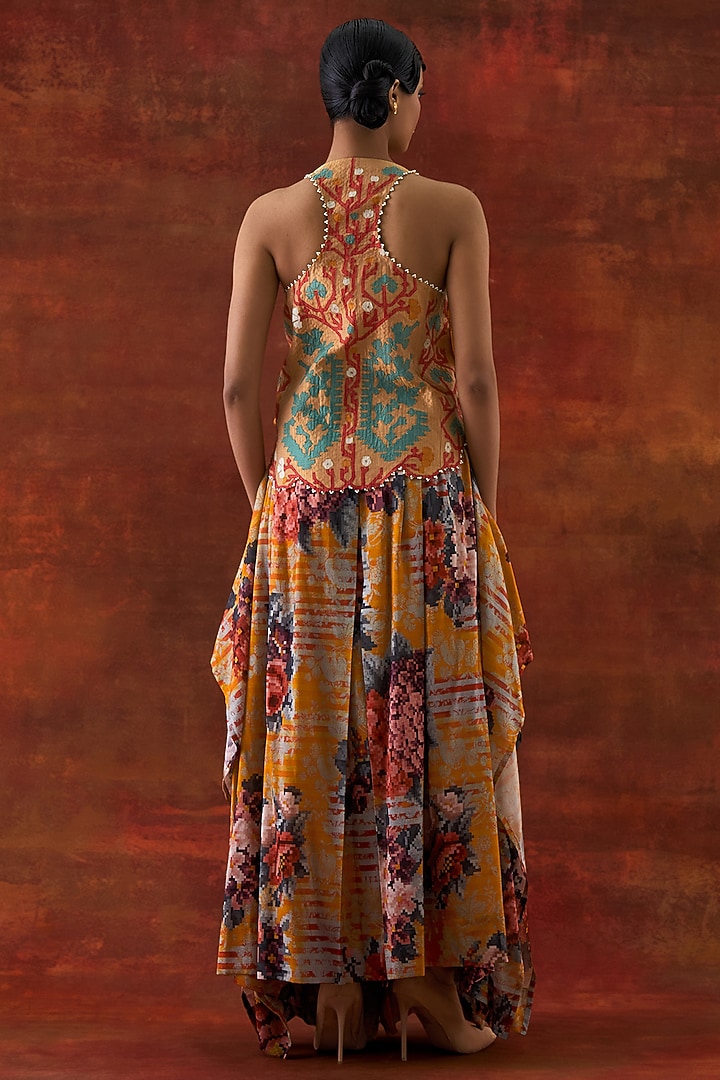 Yellow Silk Chanderi Printed Draped Skirt Set by Jajaabor at Pernia's Pop Up Shop