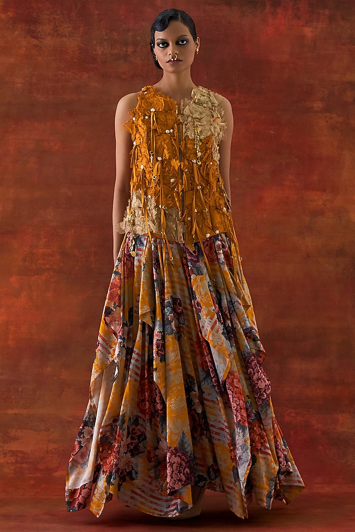 Yellow Silk Chanderi Printed Draped Skirt Set by Jajaabor at Pernia's Pop Up Shop