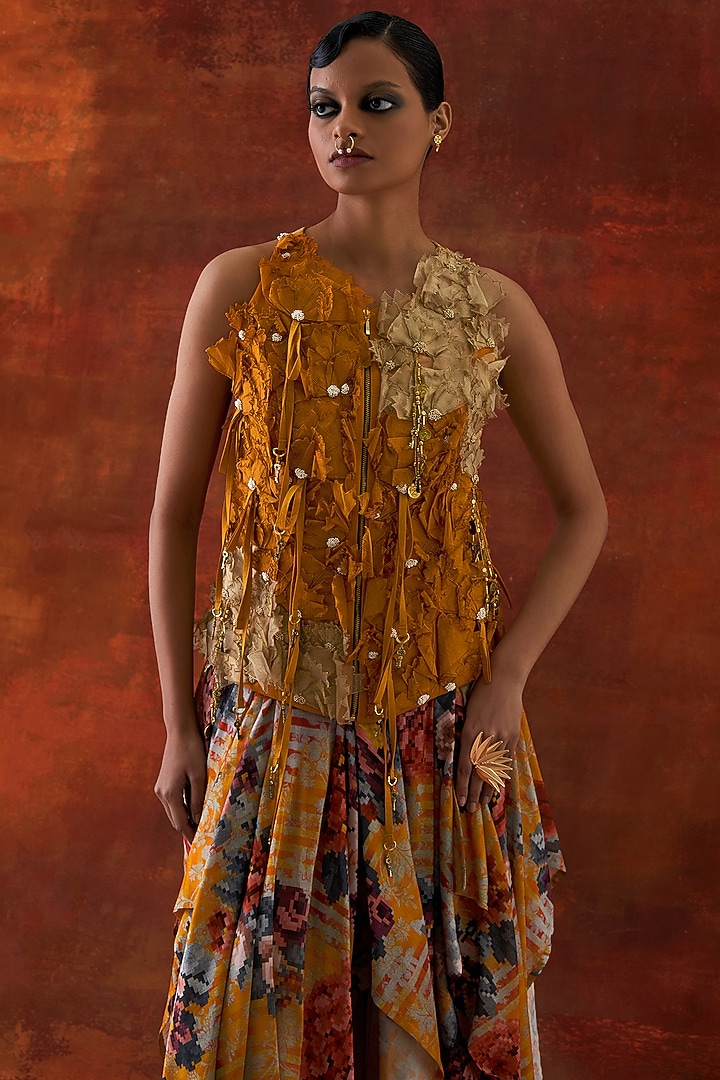 Yellow Silk Chanderi Printed Draped Skirt Set by Jajaabor at Pernia's Pop Up Shop