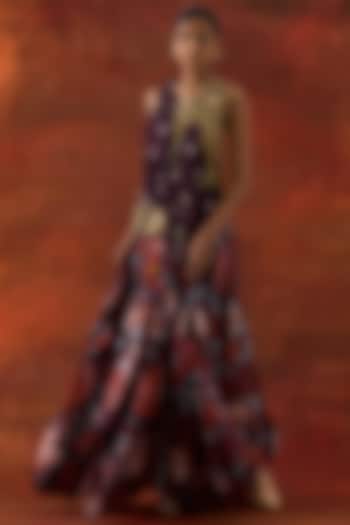 Wine Silk Chanderi Floral Printed Draped Skirt Set by Jajaabor at Pernia's Pop Up Shop