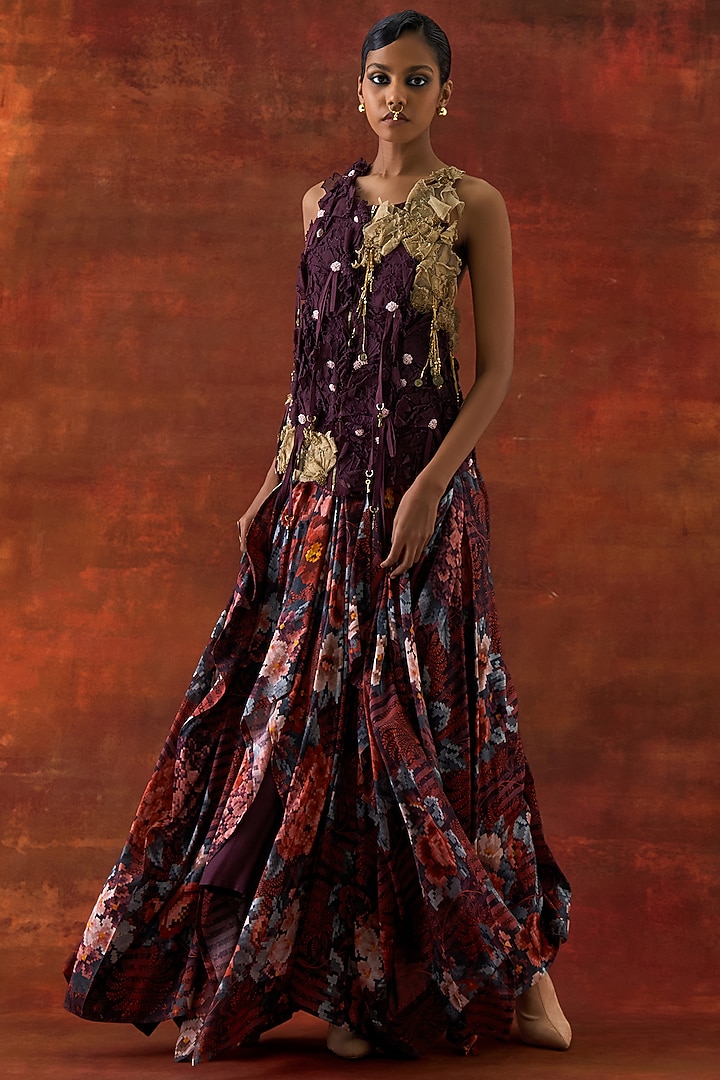 Wine Silk Chanderi Floral Printed Draped Skirt Set by Jajaabor at Pernia's Pop Up Shop
