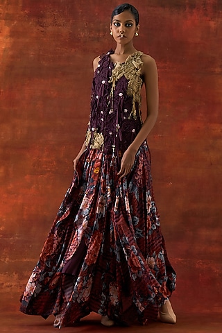 Wine Silk Chanderi Floral Printed Draped Skirt Set by Jajaabor