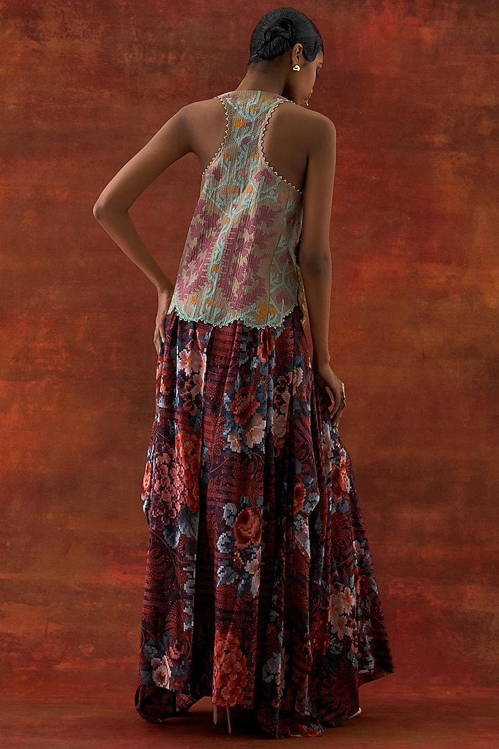 Wine Silk Chanderi Floral Printed Draped Skirt Set by Jajaabor at Pernia's Pop Up Shop