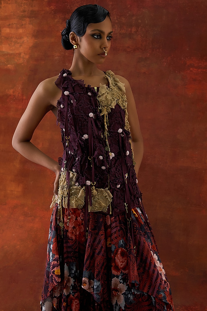 Wine Silk Chanderi Floral Printed Draped Skirt Set by Jajaabor at Pernia's Pop Up Shop