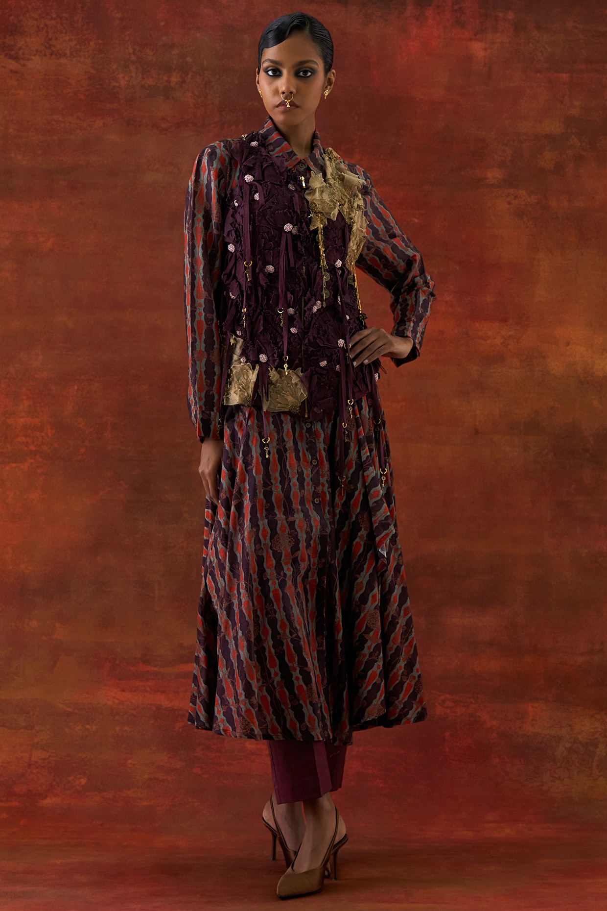 Jajaabor Wine Silk Chanderi Floral Printed Co-Ord Set