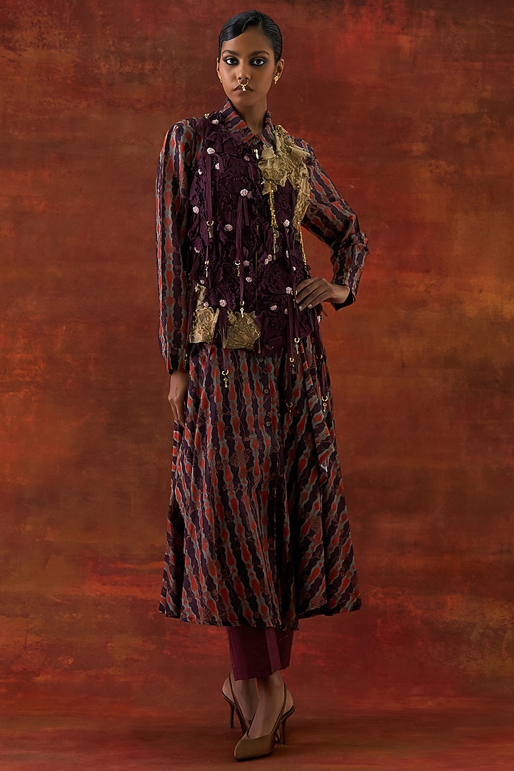 Wine Silk Chanderi Floral Printed Co-Ord Set by Jajaabor at Pernia's Pop Up Shop