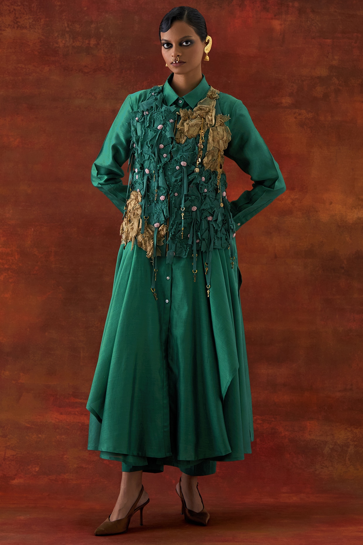 Jajaabor Teal Silk Chanderi Floral Printed Co-Ord Set