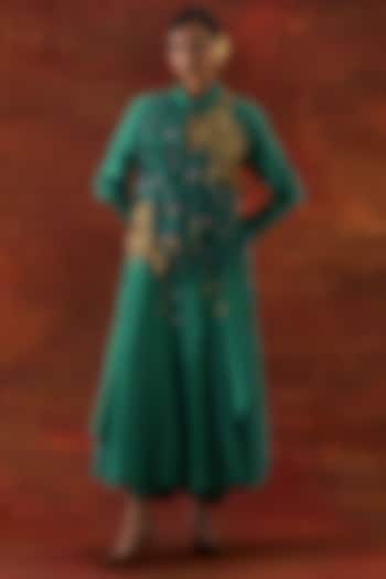 Teal Silk Chanderi Floral Printed Co-Ord Set by Jajaabor at Pernia's Pop Up Shop