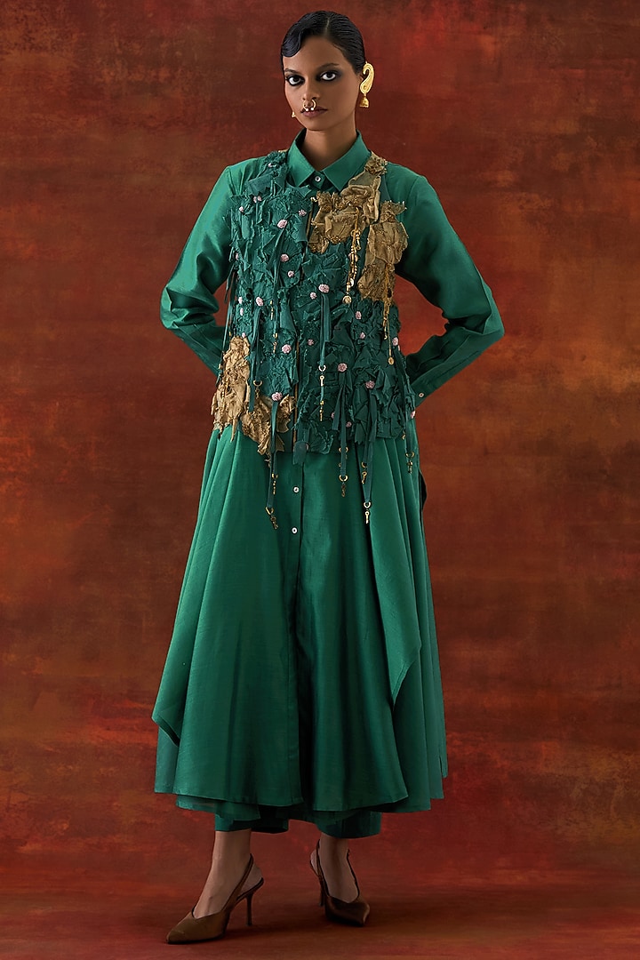 Teal Silk Chanderi Floral Printed Co-Ord Set by Jajaabor at Pernia's Pop Up Shop