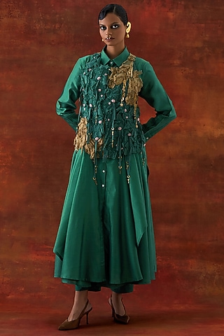 Teal Silk Chanderi Floral Printed Co-Ord Set by Jajaabor
