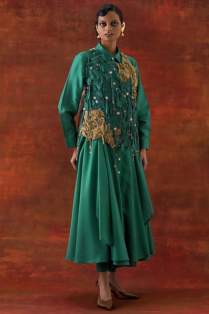 Teal Silk Chanderi Floral Printed Co-Ord Set by Jajaabor at Pernia's Pop Up Shop
