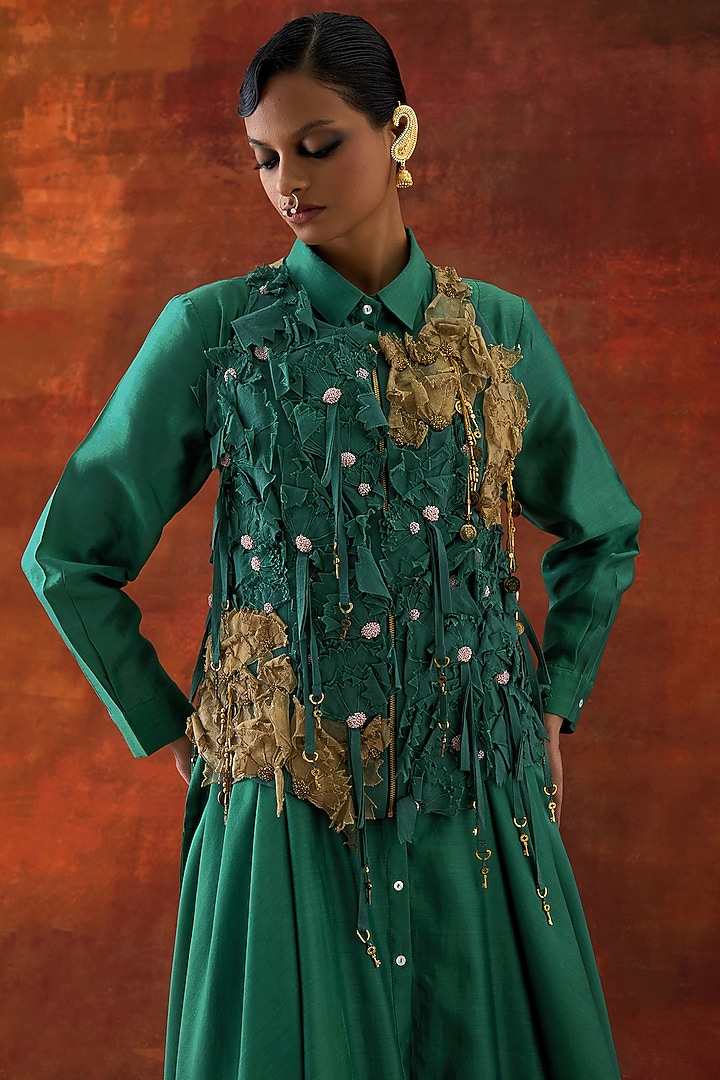 Teal Silk Chanderi Floral Printed Co-Ord Set by Jajaabor at Pernia's Pop Up Shop