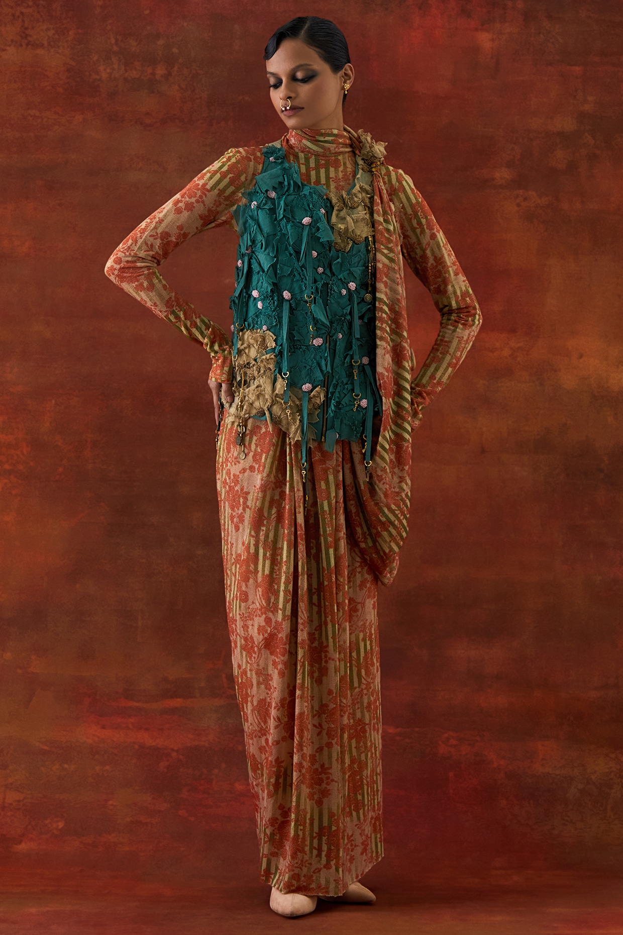 Jajaabor Gold Jersey Printed Draped Saree With Jacket