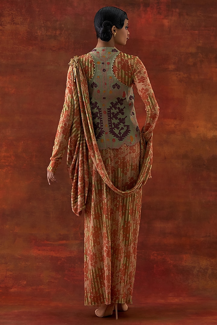 Gold Jersey Printed Draped Wedding Saree With Jacket by Jajaabor at Pernia's Pop Up Shop