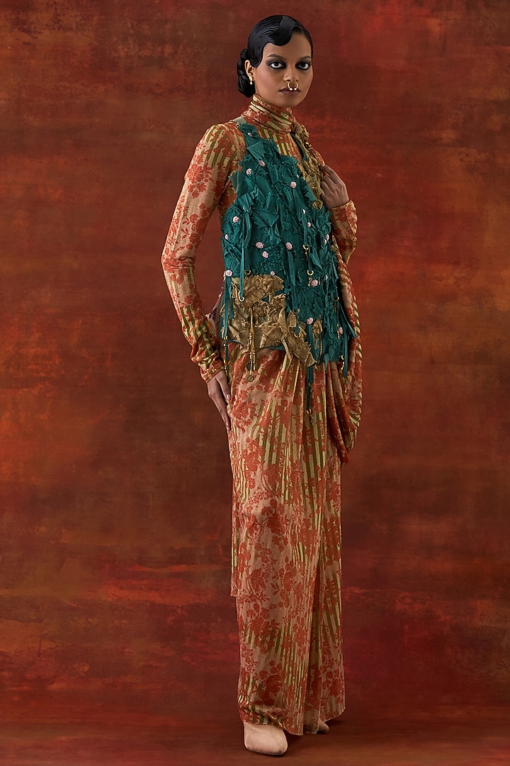Gold Jersey Printed Draped Wedding Saree With Jacket by Jajaabor at Pernia's Pop Up Shop