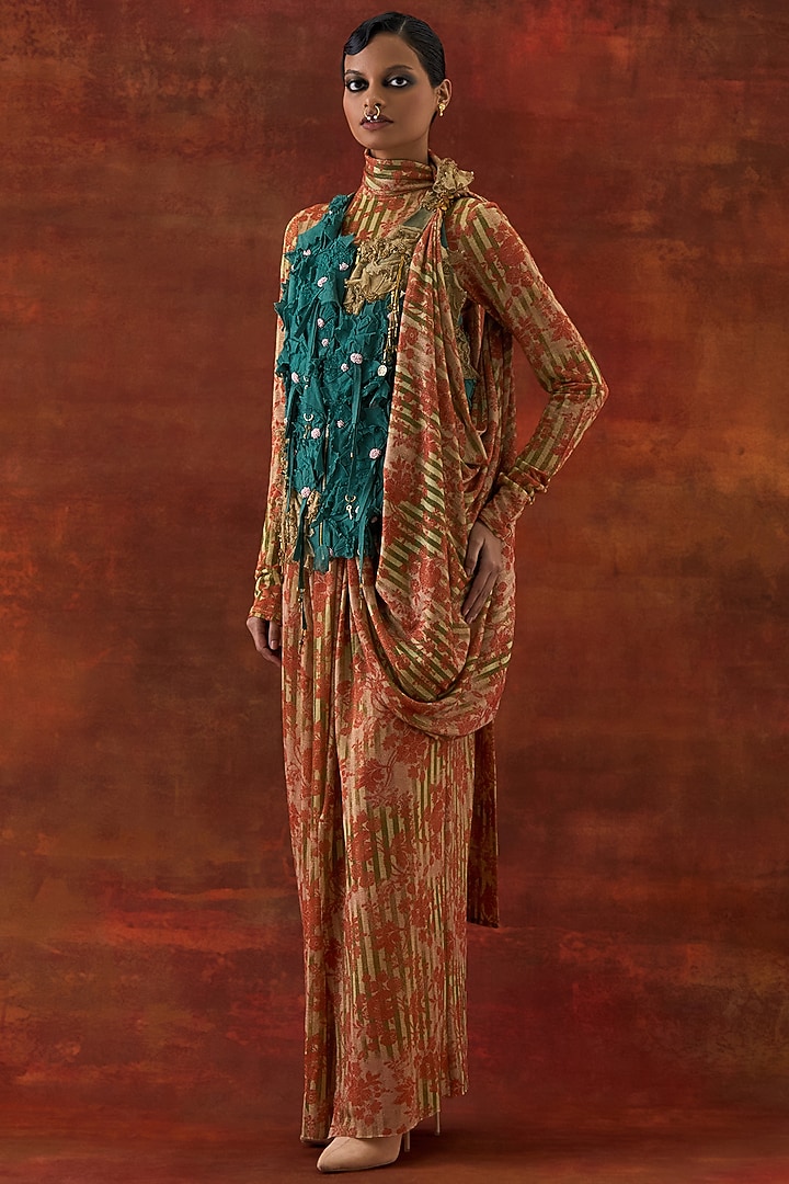 Gold Jersey Printed Draped Wedding Saree With Jacket by Jajaabor at Pernia's Pop Up Shop