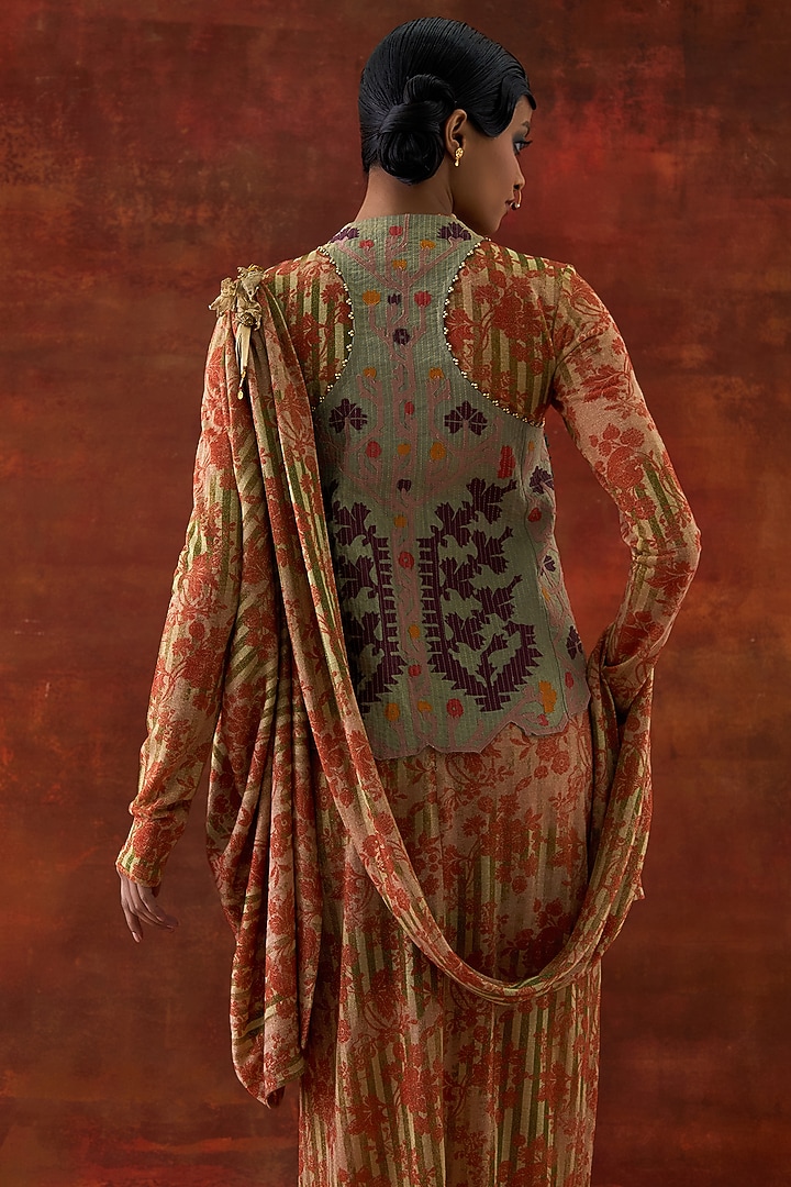 Gold Jersey Printed Draped Wedding Saree With Jacket by Jajaabor at Pernia's Pop Up Shop