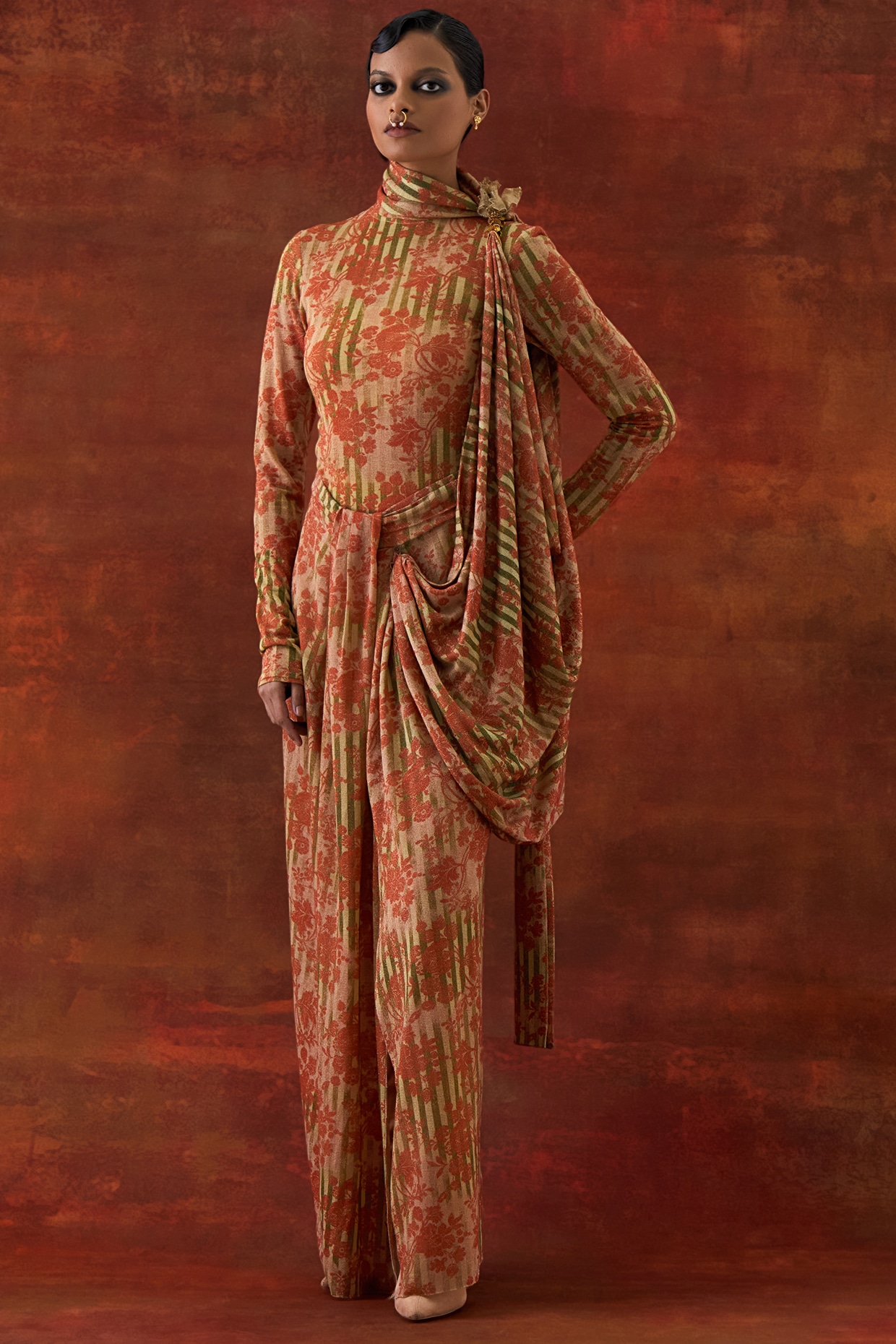 Jajaabor Yellow Jersey Printed Draped Saree Set
