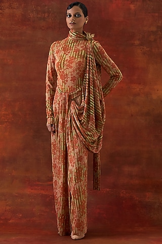 Yellow Jersey Printed Draped Saree Set by Jajaabor