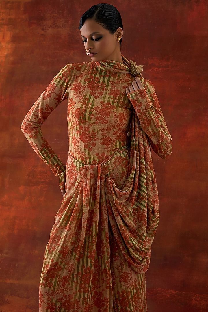 Yellow Jersey Printed Draped Wedding Saree Set by Jajaabor at Pernia's Pop Up Shop
