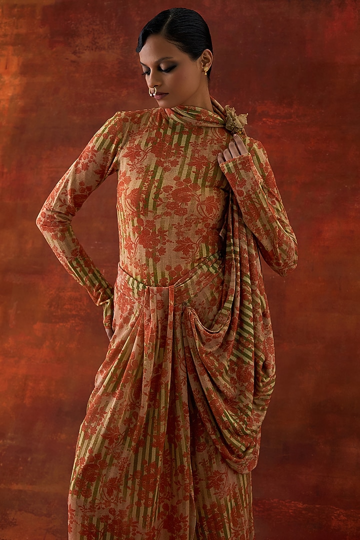 Yellow Jersey Printed Draped Wedding Saree Set by Jajaabor at Pernia's Pop Up Shop