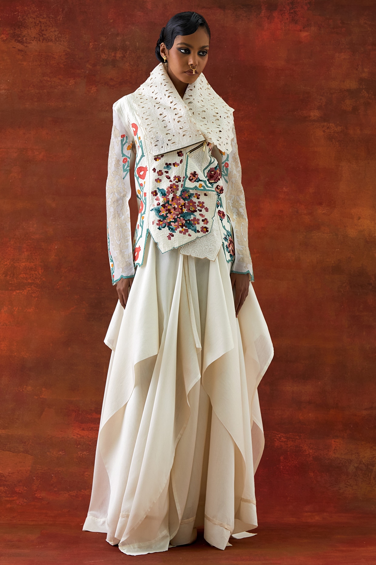 Jajaabor Ivory Silk Chanderi Draped Jacket Set
