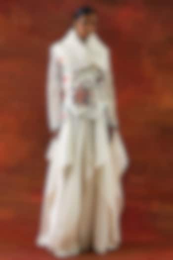 Ivory Silk Chanderi Draped Jacket Set by Jajaabor at Pernia's Pop Up Shop