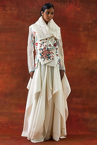 Ivory Silk Chanderi Draped Jacket Set by Jajaabor