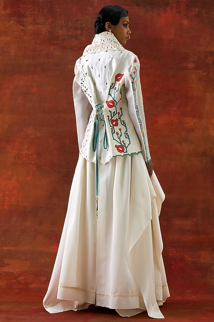 Ivory Silk Chanderi Draped Jacket Set by Jajaabor at Pernia's Pop Up Shop