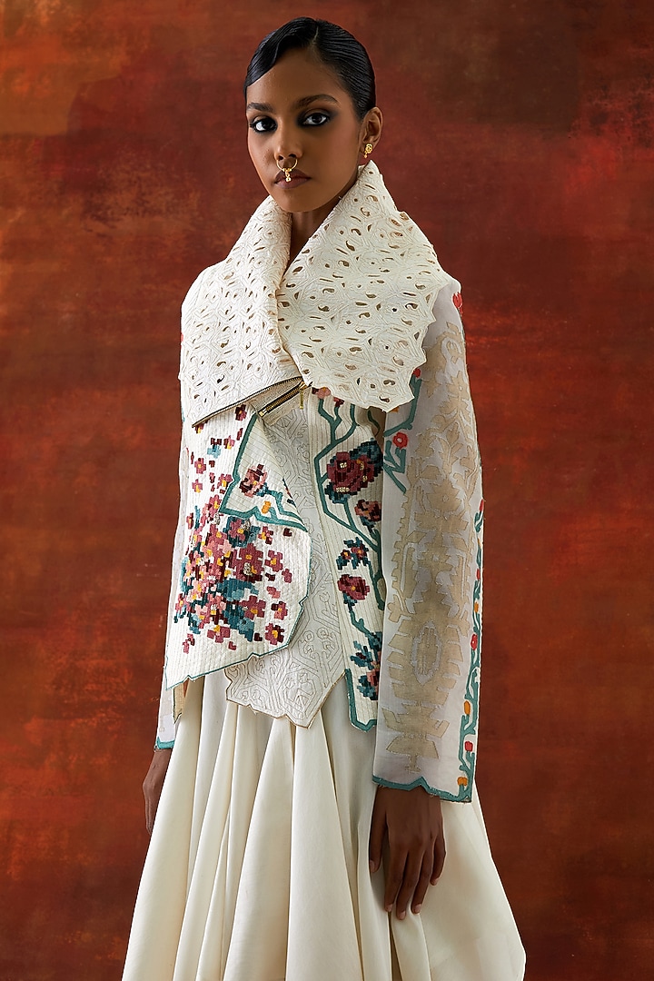 Ivory Silk Chanderi Draped Jacket Set by Jajaabor at Pernia's Pop Up Shop