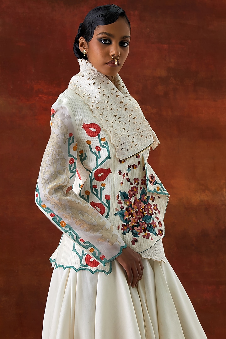 Ivory Silk Chanderi Draped Jacket Set by Jajaabor at Pernia's Pop Up Shop