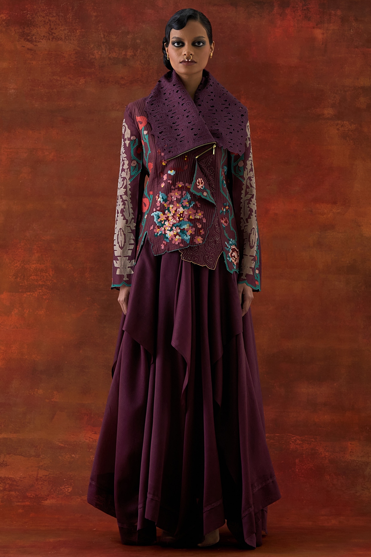 Jajaabor Wine Silk Chanderi Draped Jacket Set