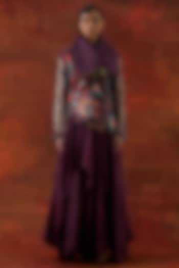 Wine Silk Chanderi Draped Jacket Set by Jajaabor at Pernia's Pop Up Shop