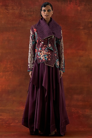 Wine Silk Chanderi Draped Jacket Set by Jajaabor