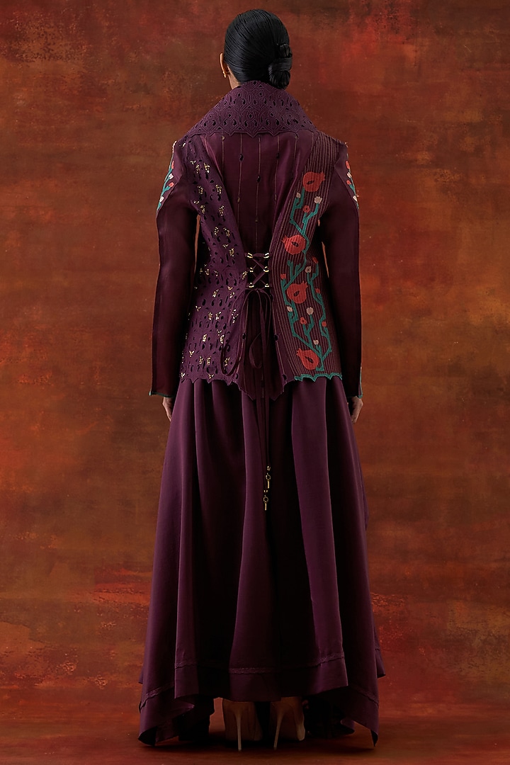 Wine Silk Chanderi Draped Jacket Set by Jajaabor at Pernia's Pop Up Shop