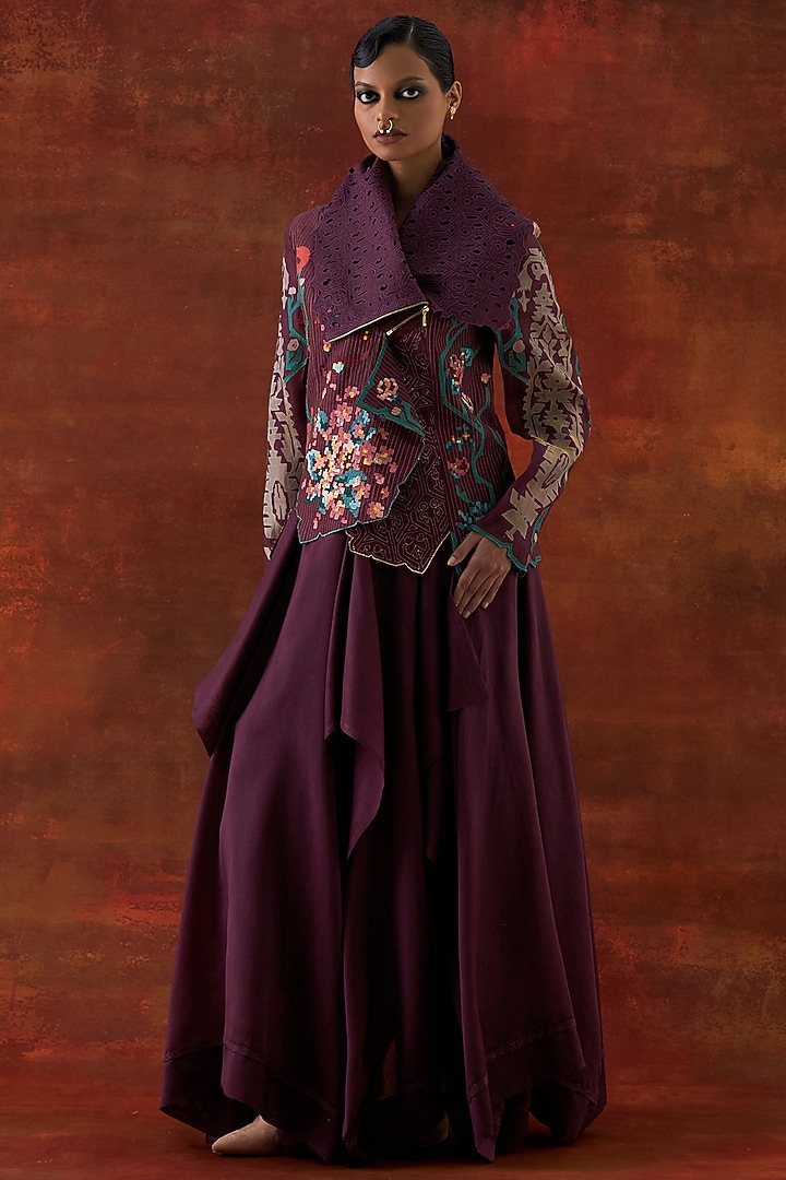 Wine Silk Chanderi Draped Jacket Set by Jajaabor at Pernia's Pop Up Shop
